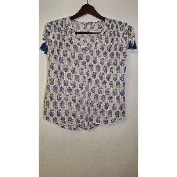 ANTHROPOLOGIE Shirred Cap Sleeved Blouse Top Womens S Peasant Casual Coastal - Picture 1 of 4